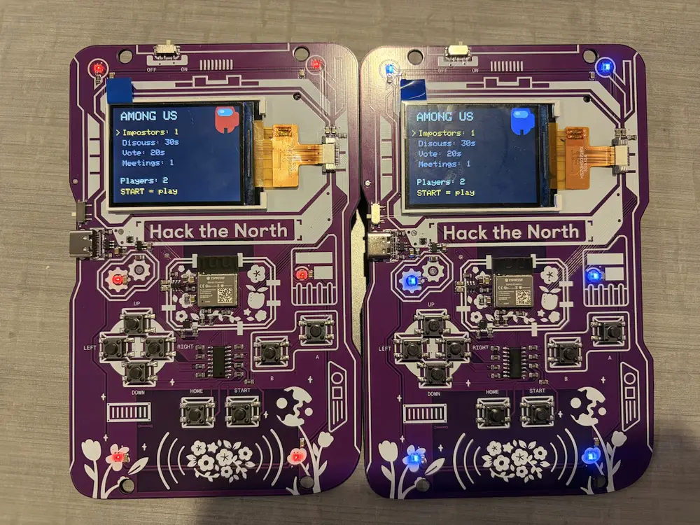 Two Hack the North badges running Among Us